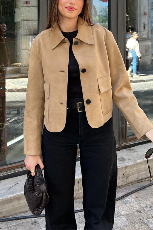 Mune | Button Closure Pocket Faux Suede Crop Jacket