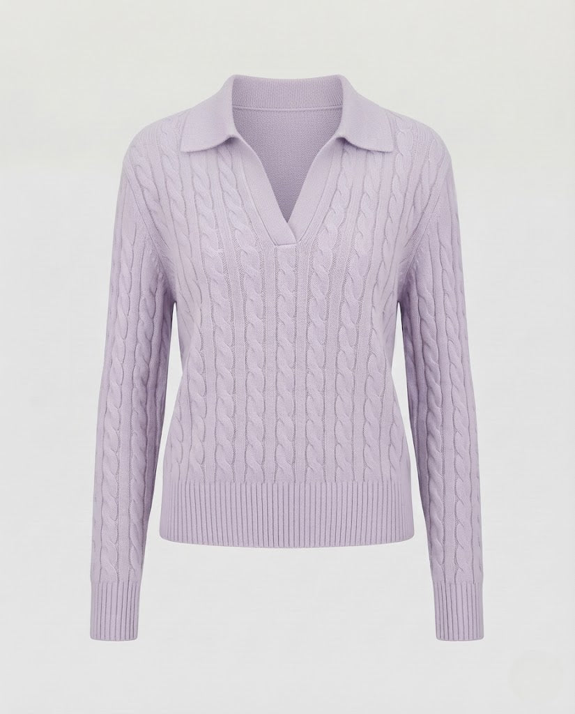 Women's cable knit polo sweater with V-neck and soft fine knit quality Mune Fashion