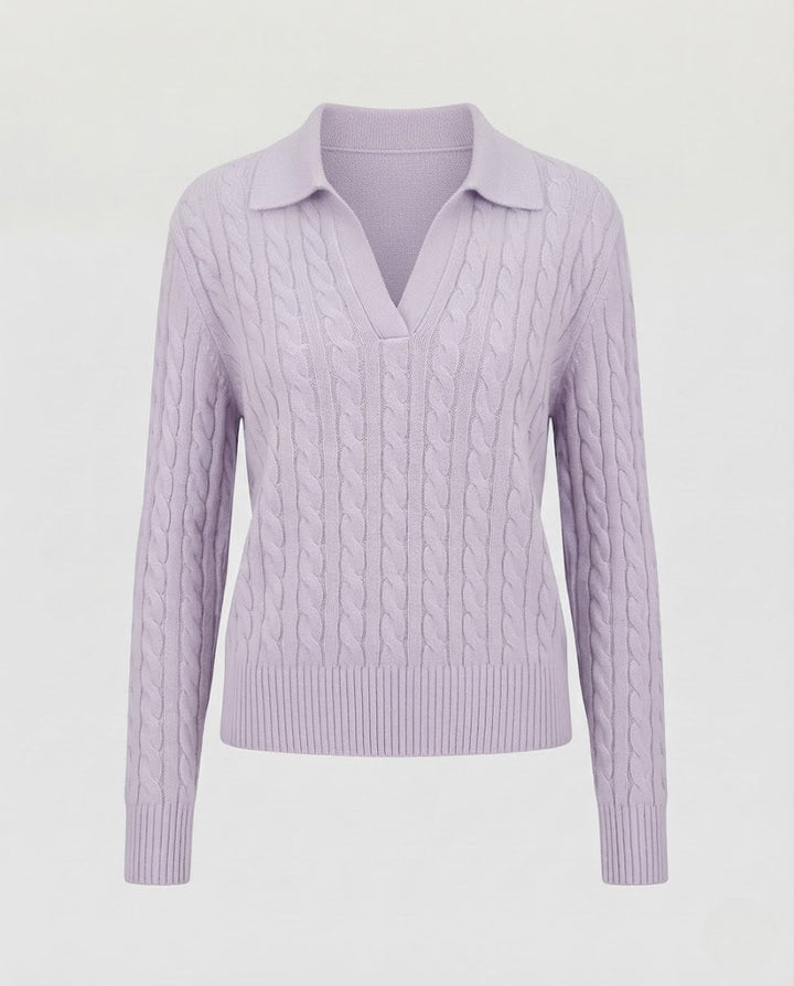 Women's cable knit polo sweater with V-neck and soft fine knit quality Mune Fashion