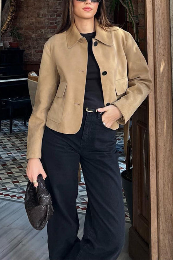 Mune | Button Closure Pocket Faux Suede Crop Jacket