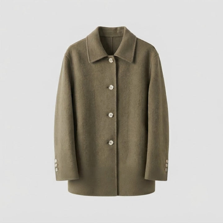 Ladies' elegant fine-knit coat with shirt collar, generous button placket, and soft wool blend Mune Fashion