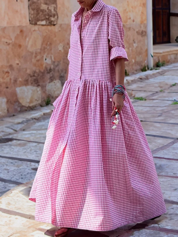 Casual long-sleeved shirt made of cotton, checked, swing dress