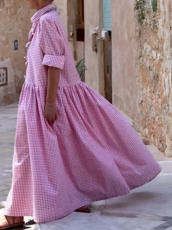 Casual long-sleeved shirt made of cotton, checked, swing dress