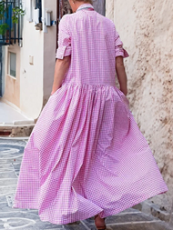 Casual long-sleeved shirt made of cotton, checked, swing dress