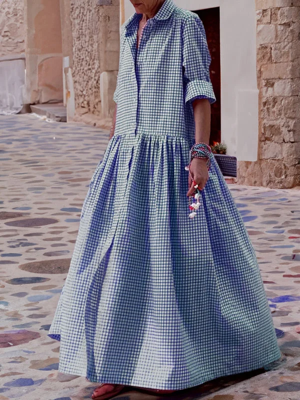 Casual long-sleeved shirt made of cotton, checked, swing dress