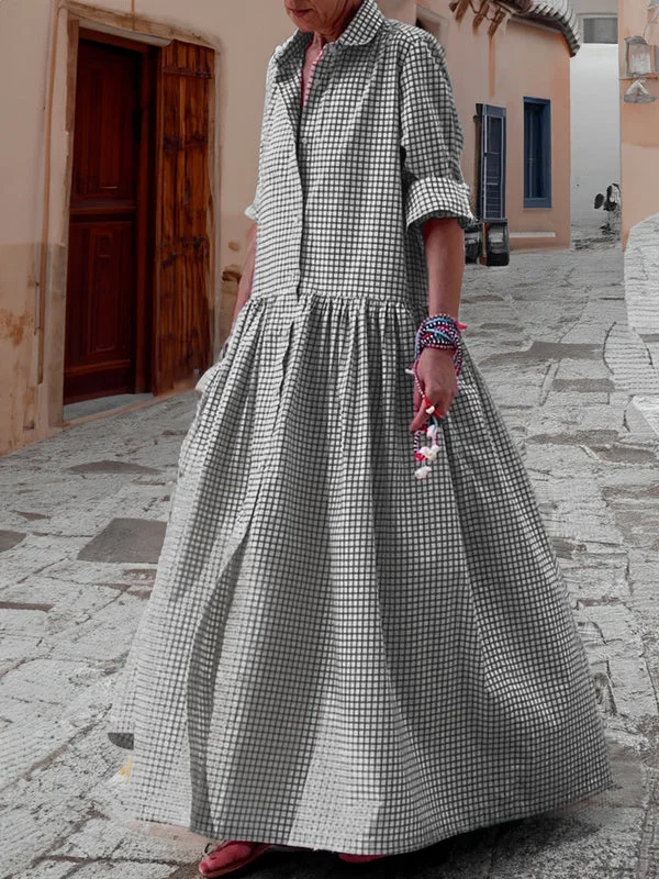 Casual long-sleeved shirt made of cotton, checked, swing dress
