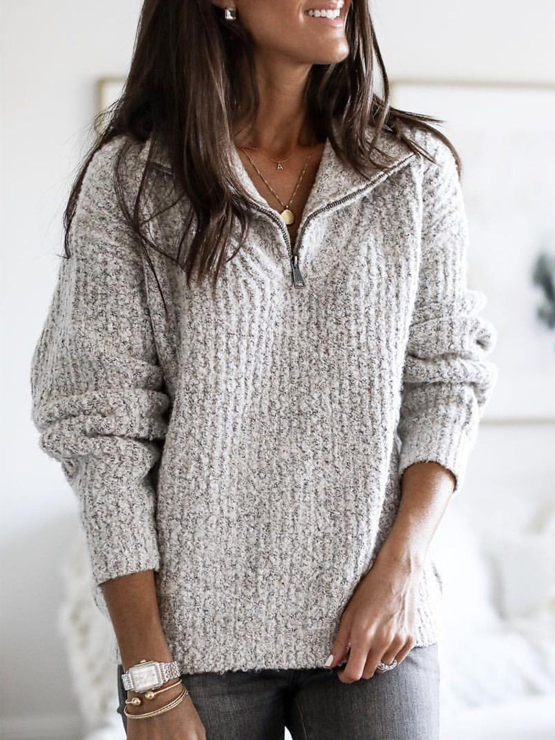 Mune | Pullover Women's Autumn Half-Zip Textured Knit Sweater
