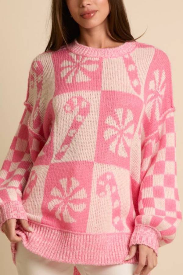 Mune | Christmas Snowflake Candy Round Neck Long Sleeve Loose Knit Sweater