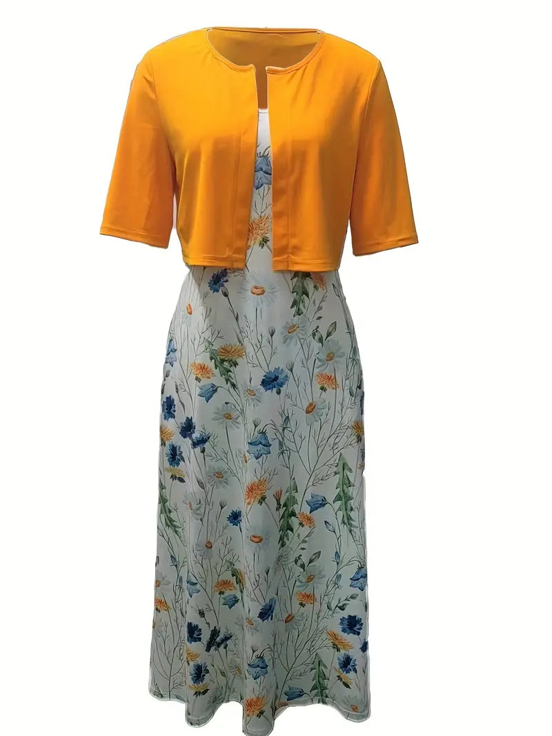 Mune Fashion - elegant two-piece floral dress set with plain crop top and dress with round neckline
