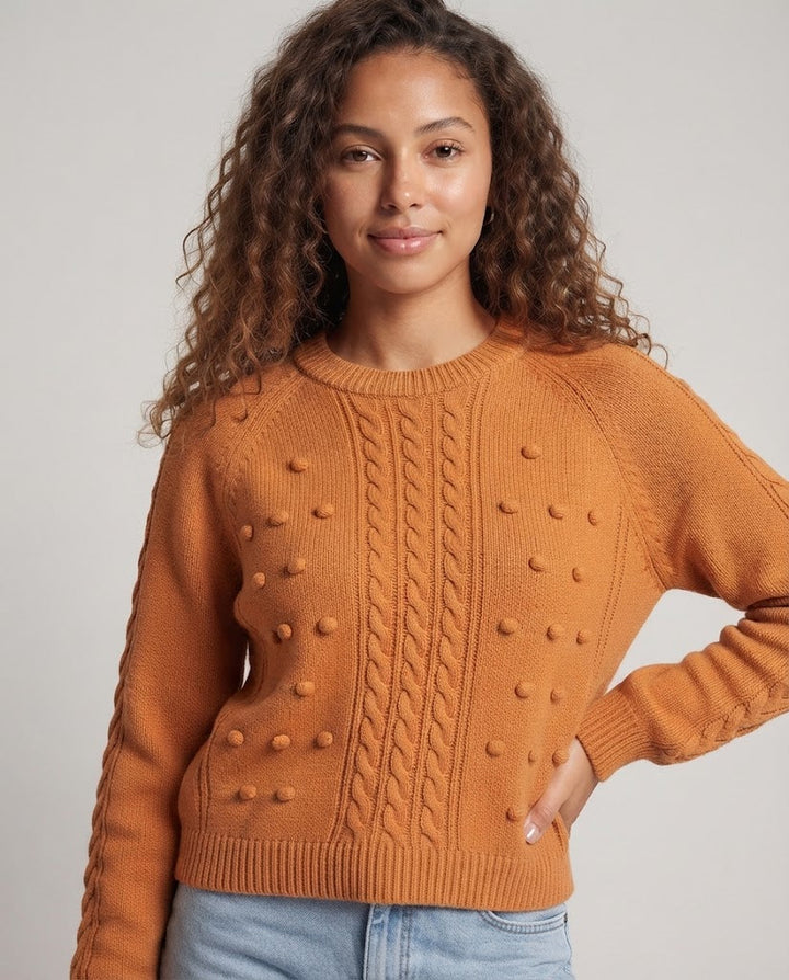 Women's Chunky Knit Sweater with Cable Pattern and Pompom Structure Mune Fashion