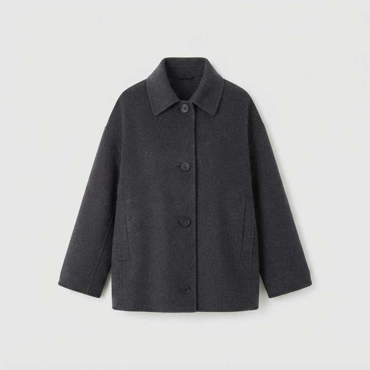 Ladies Short Boxy Wool Blend Coat with Shirt Collar and Side Pockets Mune Fashion