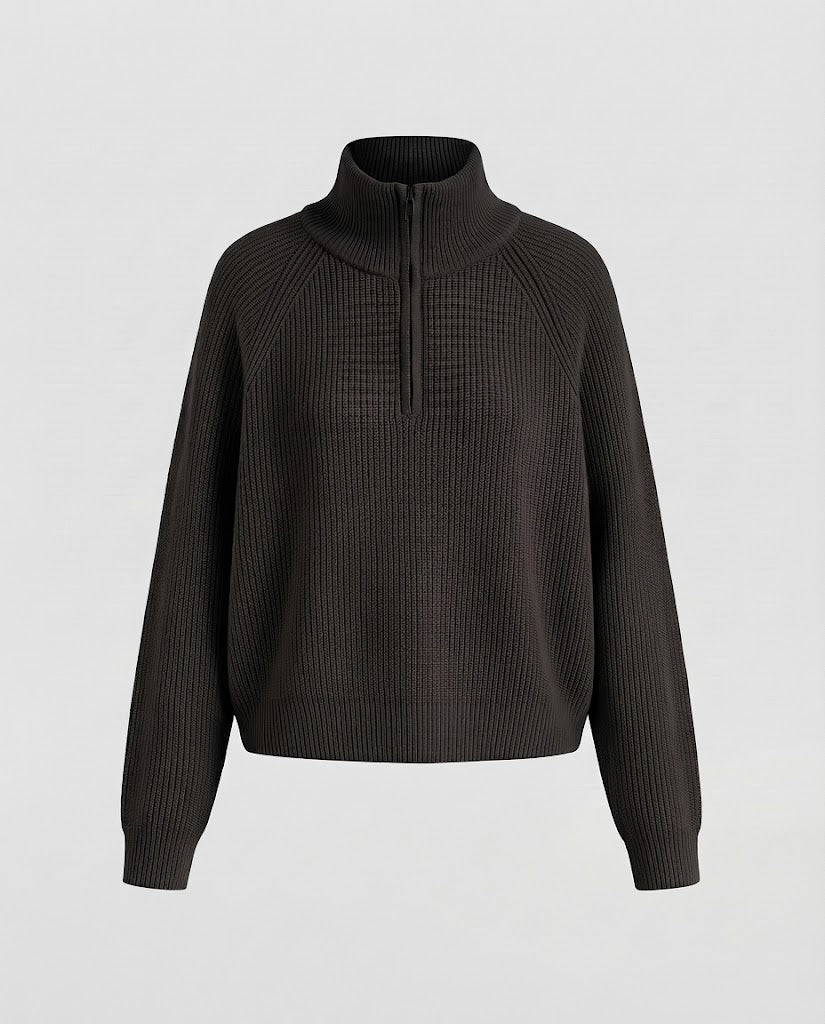 Women Short Half-Zip Knit Sweater with Ribbed Structure and Stand-Up Collar Mune Fashion