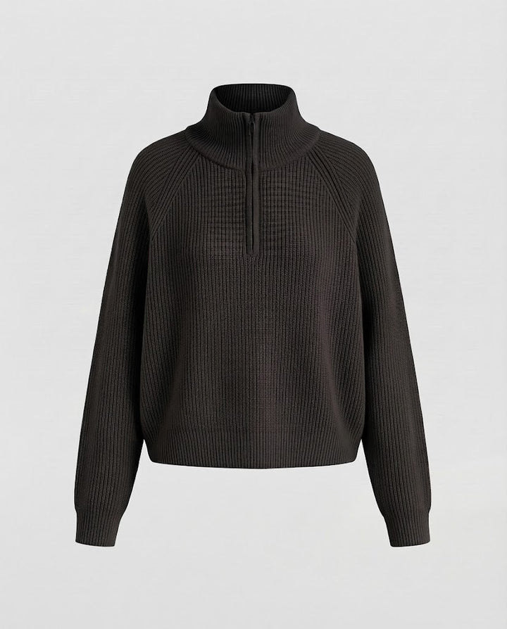 Women Short Half-Zip Knit Sweater with Ribbed Structure and Stand-Up Collar Mune Fashion