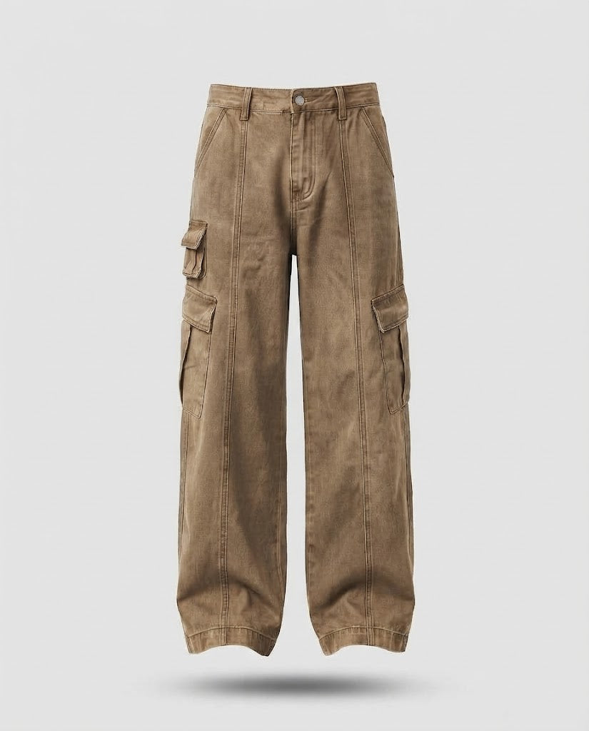 Men's Wide Utility Cargo Palazzo Pants with Multiple Pockets and Visible Quilted Seams Mune Fashion