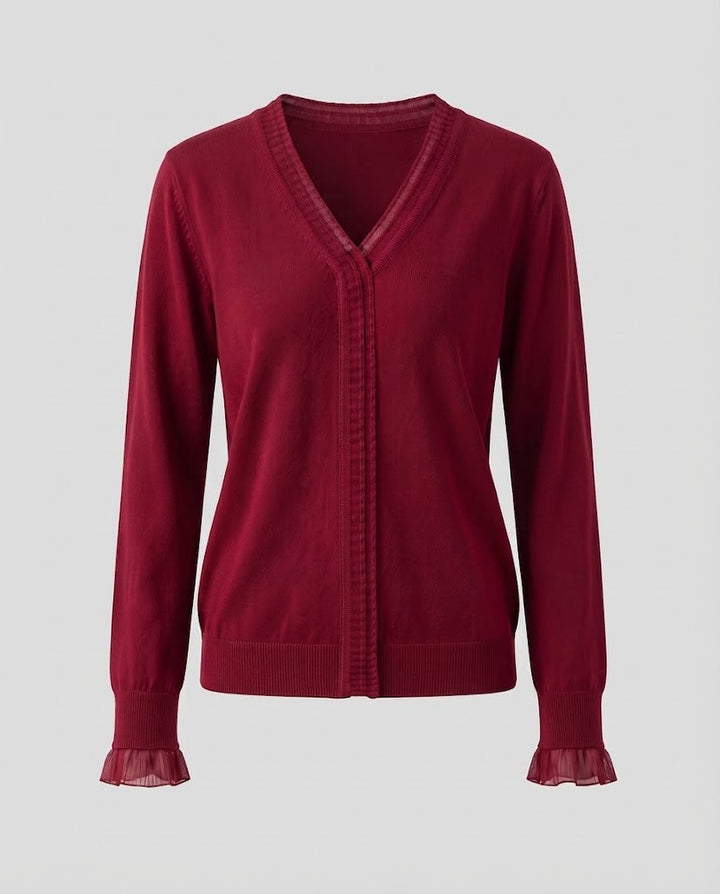 Ladies Fine V-Neck Fine Knit Sweater with Pleated Trim and Flowing Silhouette Mune Fashion