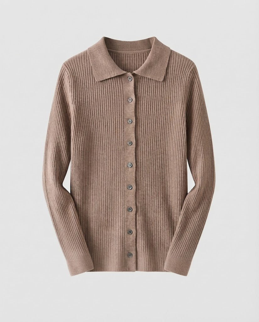 Women's Fine Ribbed Knit Cardigan with Shirt Collar and Matching Camisole Mune Fashion