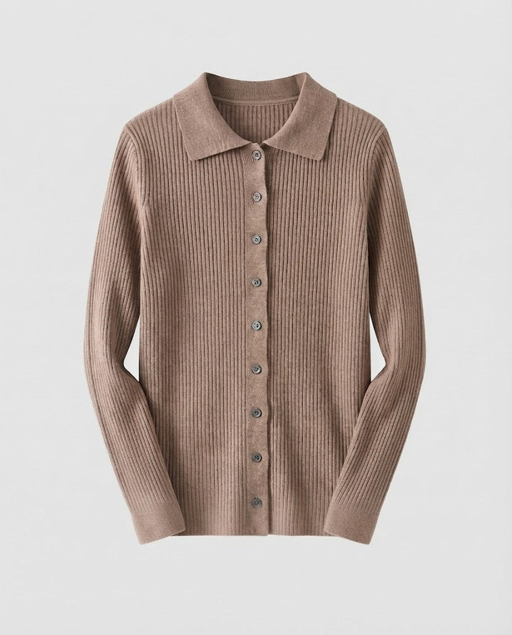 Women's Fine Ribbed Knit Cardigan with Shirt Collar and Matching Camisole Mune Fashion