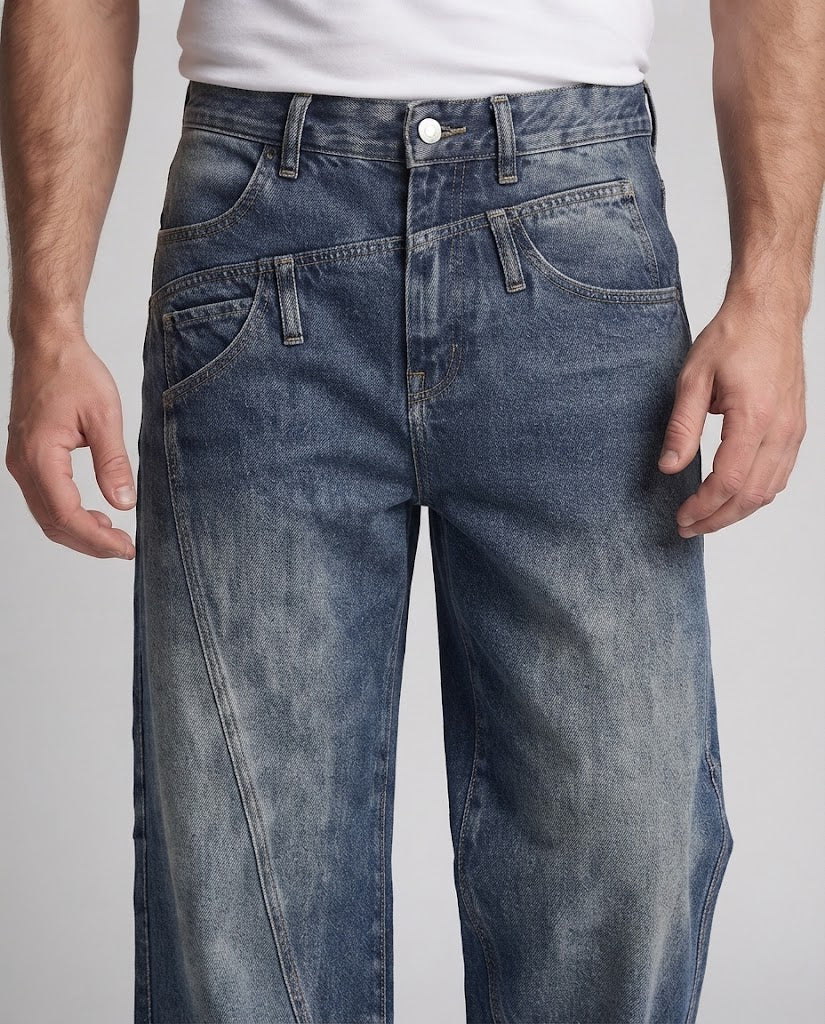 Men's Extra Wide Denim Palazzo Jeans with Panel Seams and Faded Used Look Mune Fashion