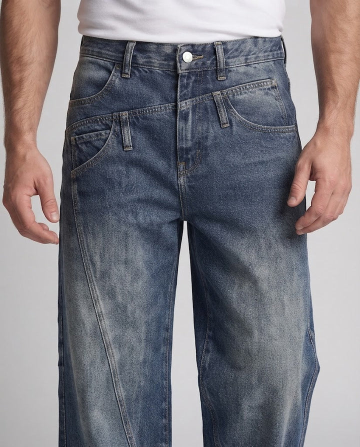 Men's Extra Wide Denim Palazzo Jeans with Panel Seams and Faded Used Look Mune Fashion