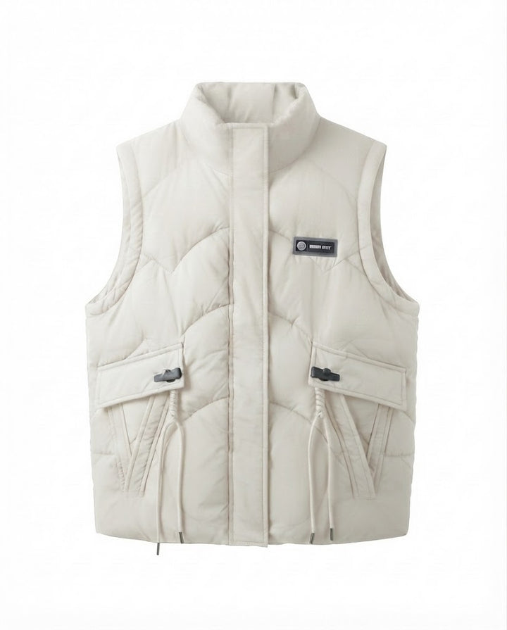 Women's lightweight thermal quilted vest with integrated hooded inner collar, multifunctional outer pockets, and adjustable drawstring.