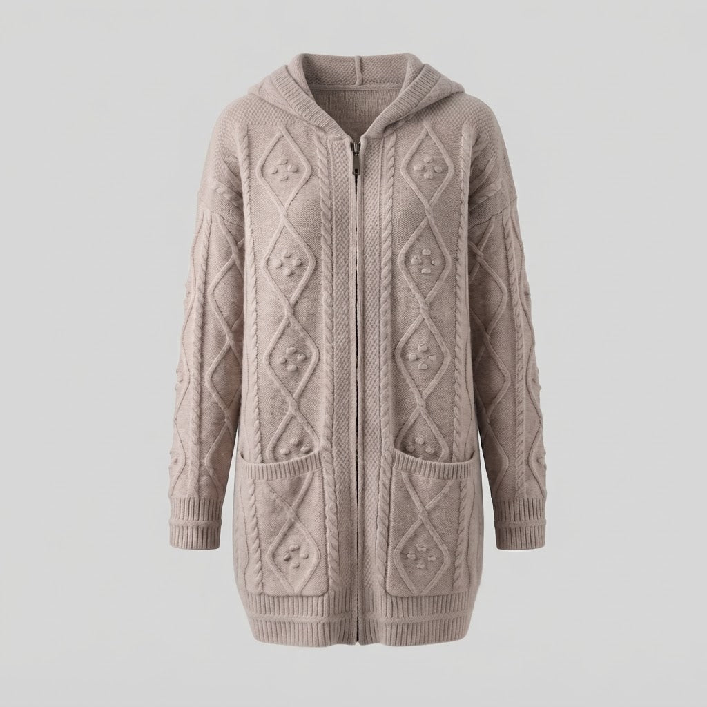Women's hoodie long cardigan made of soft wool blend with cable pattern, zipper and insert pockets Mune Fashion