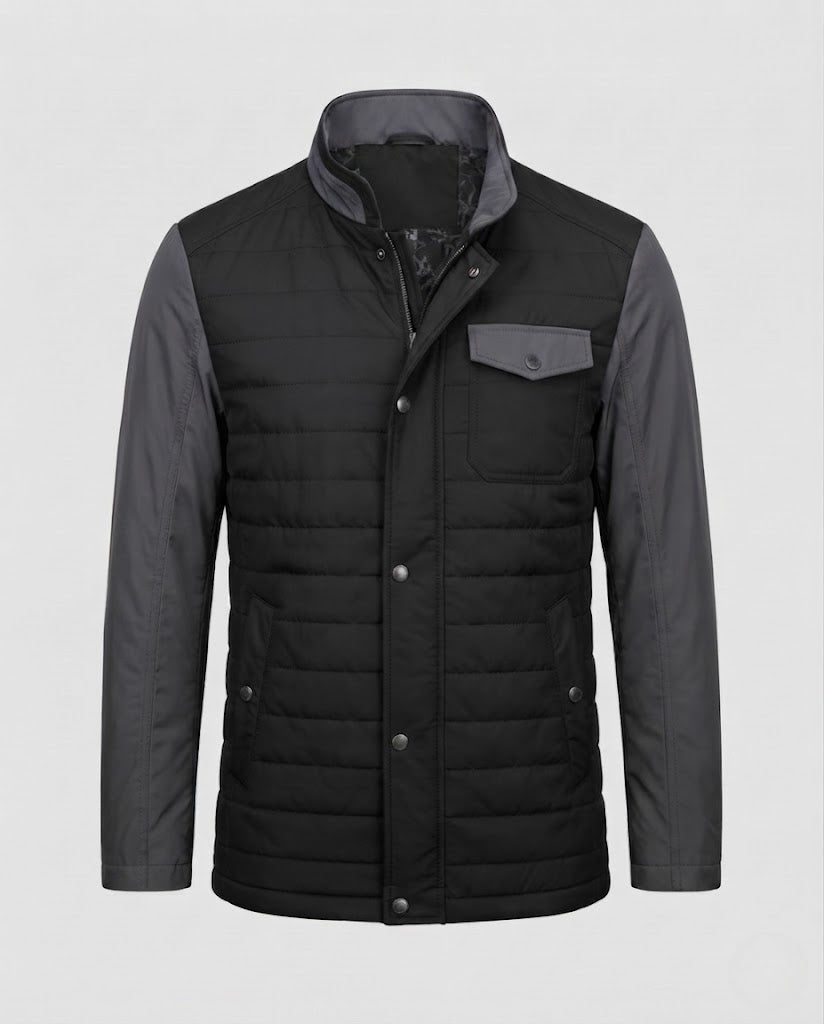Men's Stand Collar Quilted Jacket with Contrast Sleeves made of Mixed Material Mune Fashion