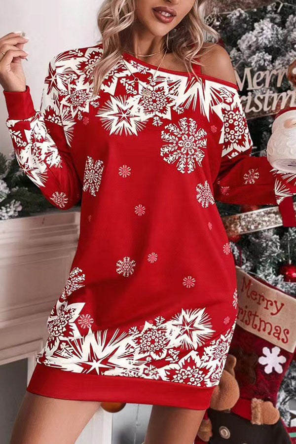 Mune | Christmas Snowflake Cold Shoulder Loose Sweatshirt Mini Dress