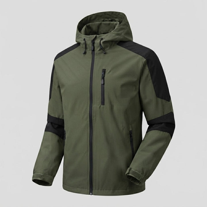 Men's lightweight water-repellent hooded softshell jacket with contrast stripes and chest zip Mune Fashion
