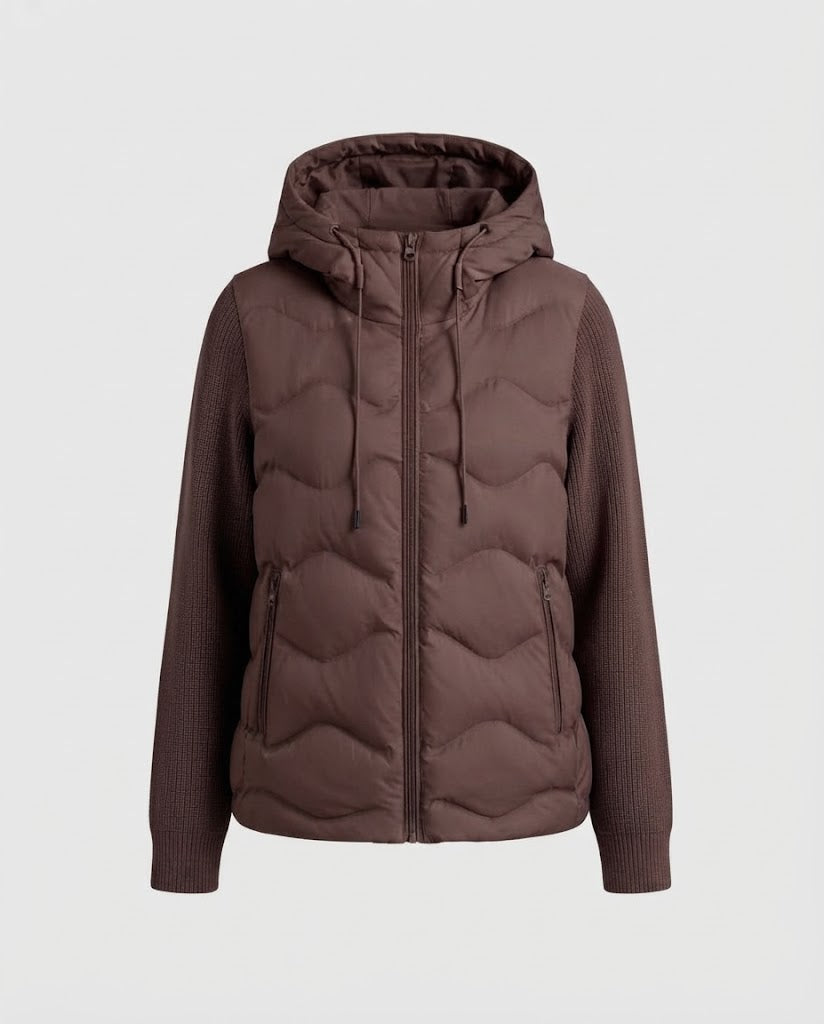 Women's hybrid quilted jacket with hood, quilted thermal front & knitted sleeves Mune Fashion