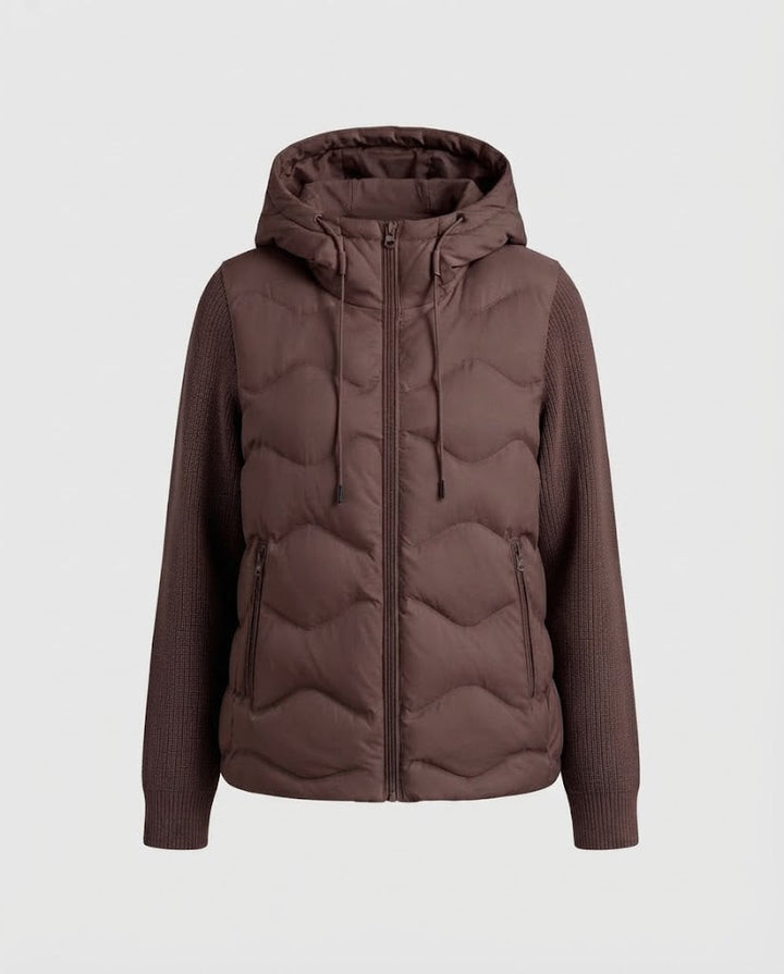 Women's hybrid quilted jacket with hood, quilted thermal front & knitted sleeves Mune Fashion