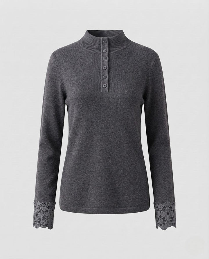Women Fine Stand Collar Sweater with Decorative Button Placket and Lace Cuffs Mune Fashion