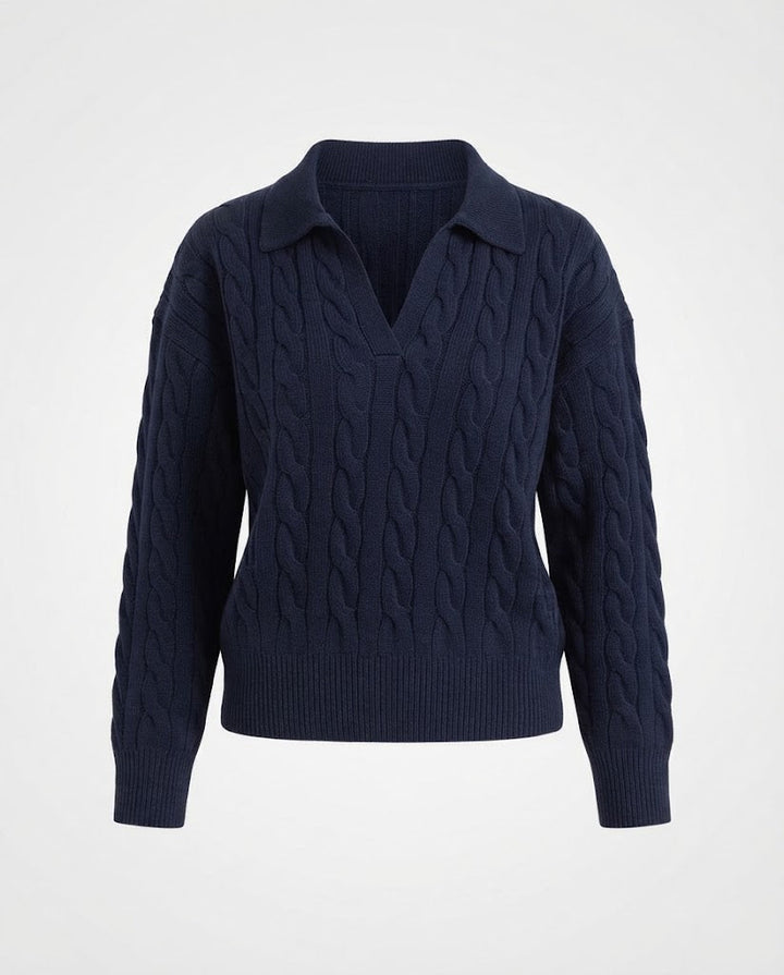 Women's Chunky Knit Cable Pattern Sweater with Polo Collar and Deep V-Neck Mune Fashion