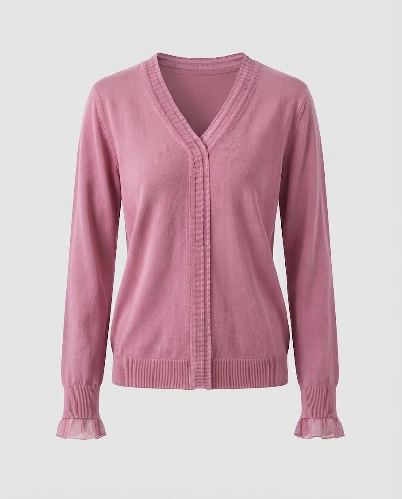Ladies Fine V-Neck Fine Knit Sweater with Pleated Trim and Flowing Silhouette Mune Fashion
