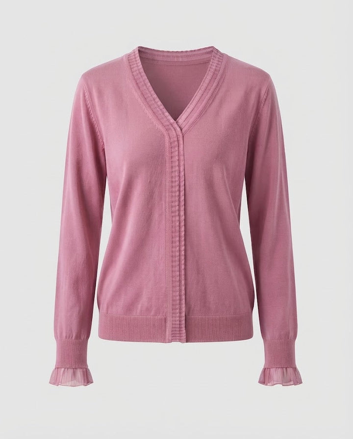Ladies Fine V-Neck Fine Knit Sweater with Pleated Trim and Flowing Silhouette Mune Fashion