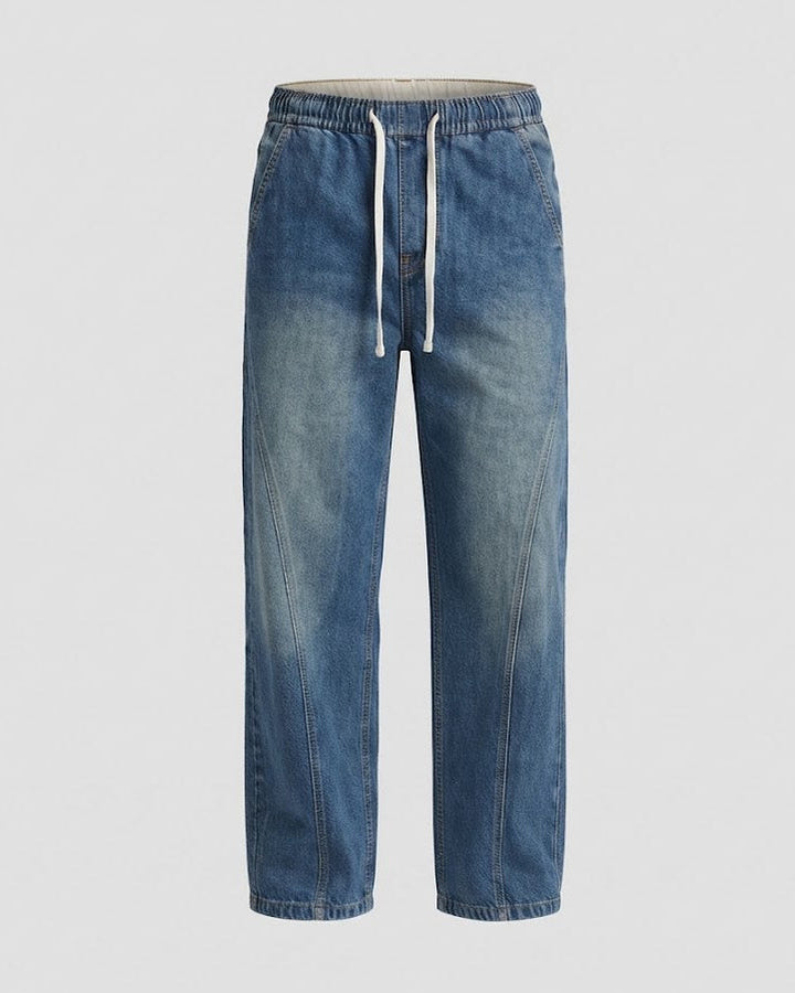 Men's Wide Denim Palazzo Pants with Curved Side Seams and Used-Wash Mune Fashion
