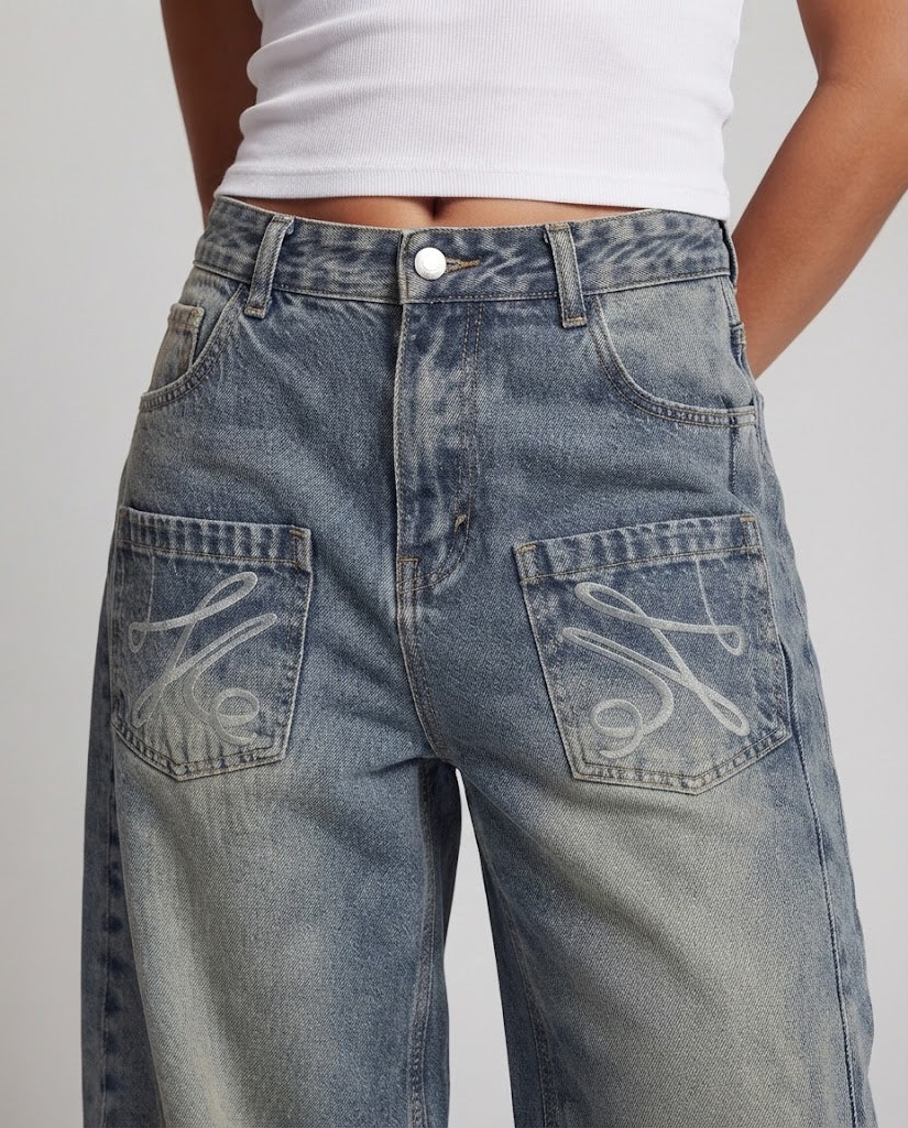 Women's Balloon Baggy Denim Pants in Palazzo Cut with Drop Crotch and Applied Front Pockets Mune Fashion