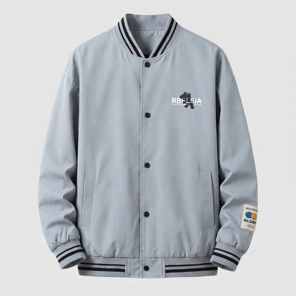 Men's Lightweight College Bomber Jacket with Striped Ribbed Cuffs and Snap Placket Mune Fashion