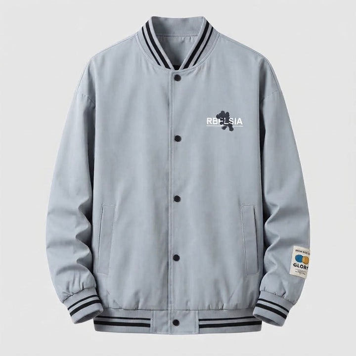 Men's Lightweight College Bomber Jacket with Striped Ribbed Cuffs and Snap Placket Mune Fashion