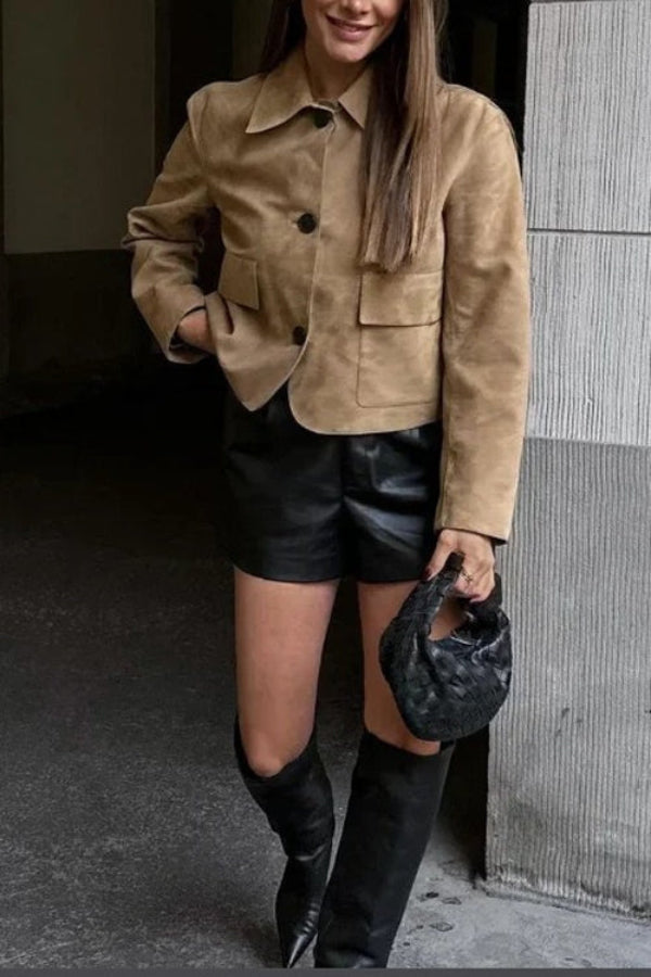 Mune | Button Closure Pocket Faux Suede Crop Jacket