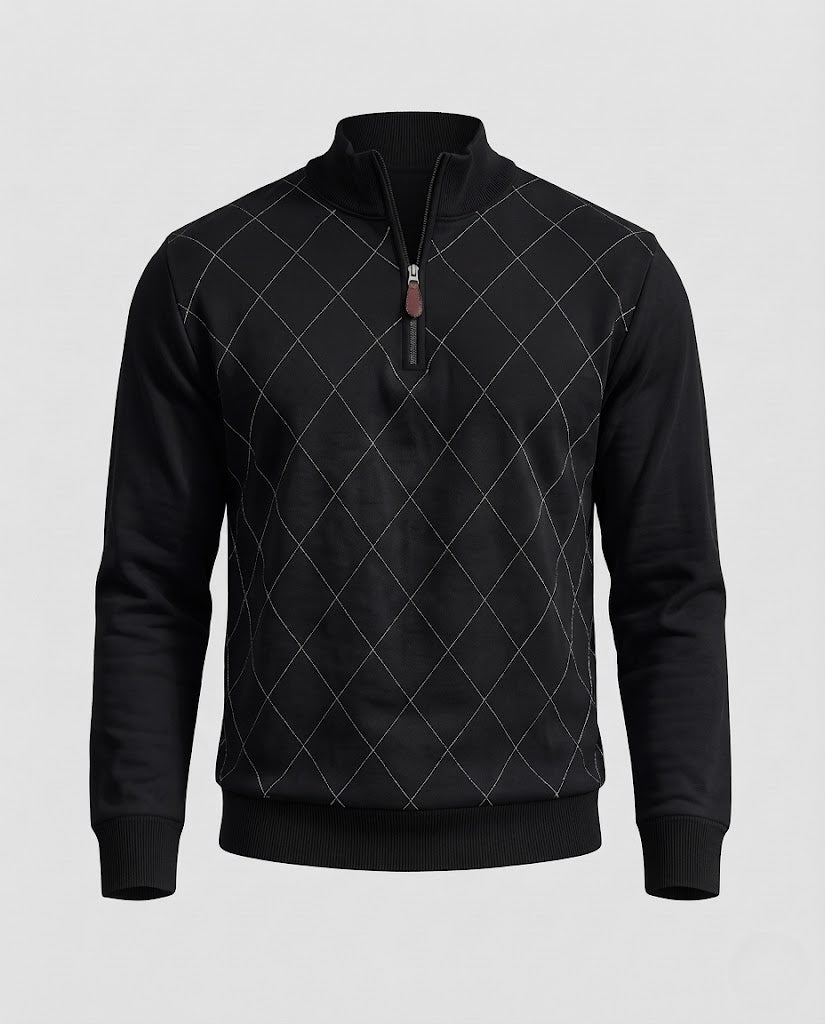 Men's Fine Half-Zip Sweater with Subtle Diamond Pattern and Ribbed Collar Mune Fashion