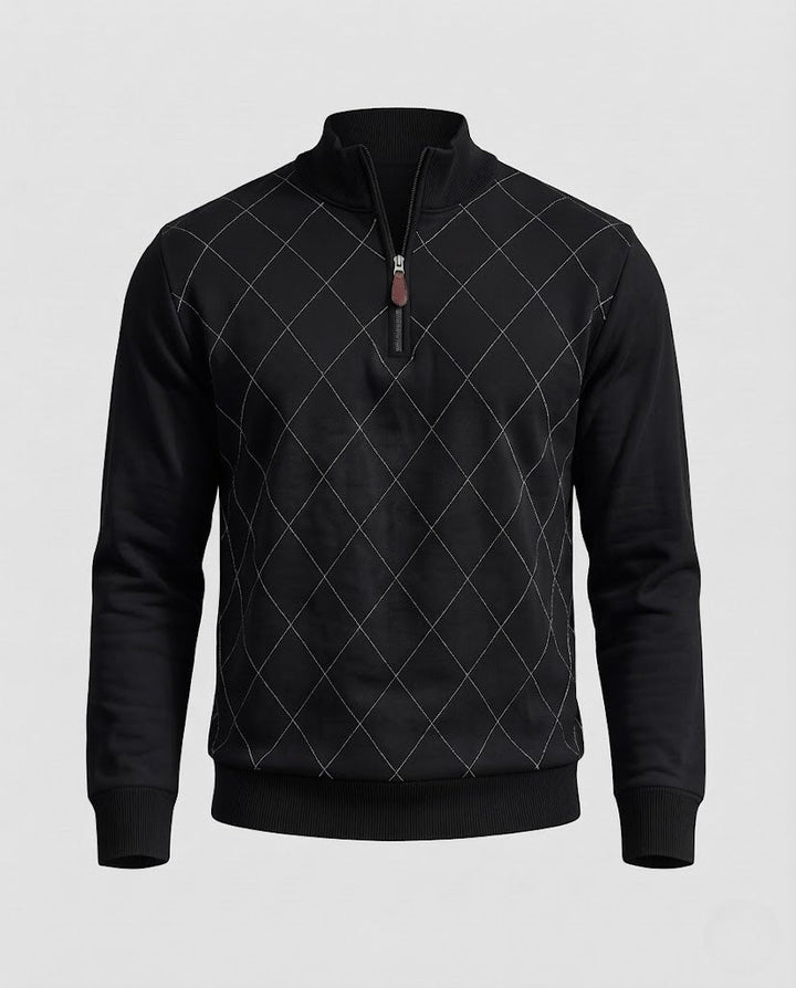 Men's Fine Half-Zip Sweater with Subtle Diamond Pattern and Ribbed Collar Mune Fashion