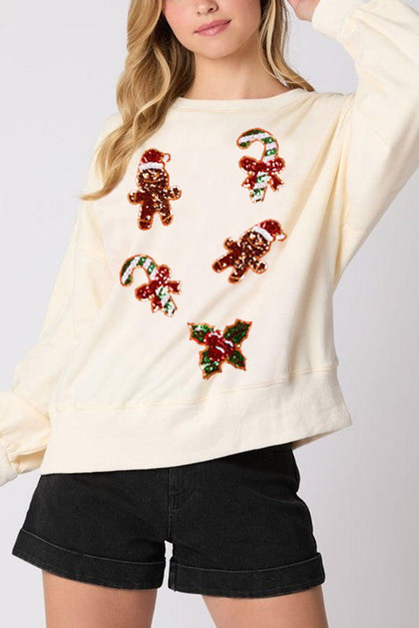 Mune | Christmas Gingerbread Man Sequin Casual Long Sleeve Sweatshirt