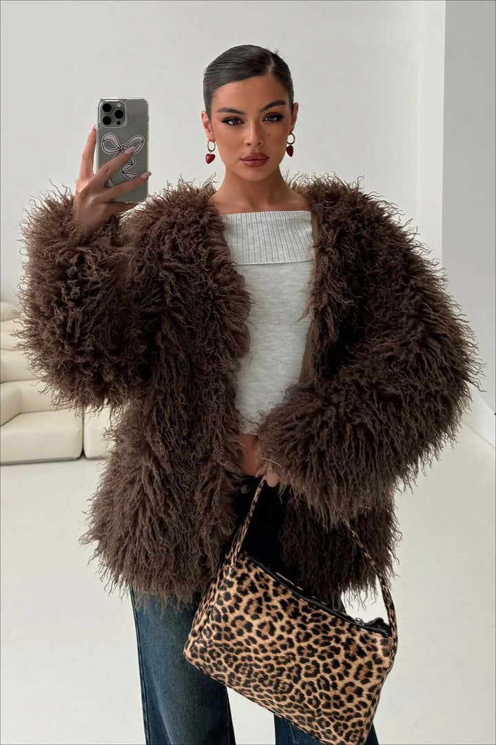 Mune | Fluffy Brown Faux Fur Oversized Jacket