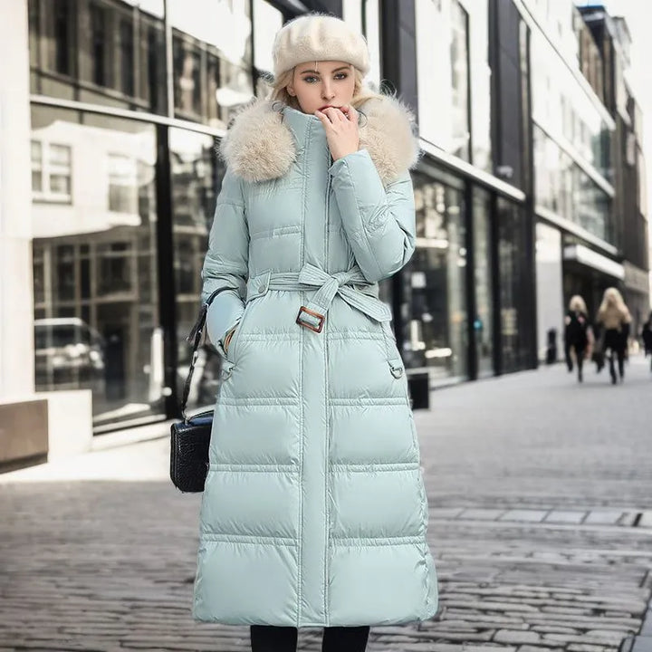 Mune | Women's Long Winter Coat with Fur Hood and Belt