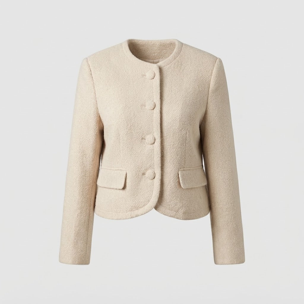 Ladies short jacket in bouclé look with round neckline and decorative button placket Mune Fashion