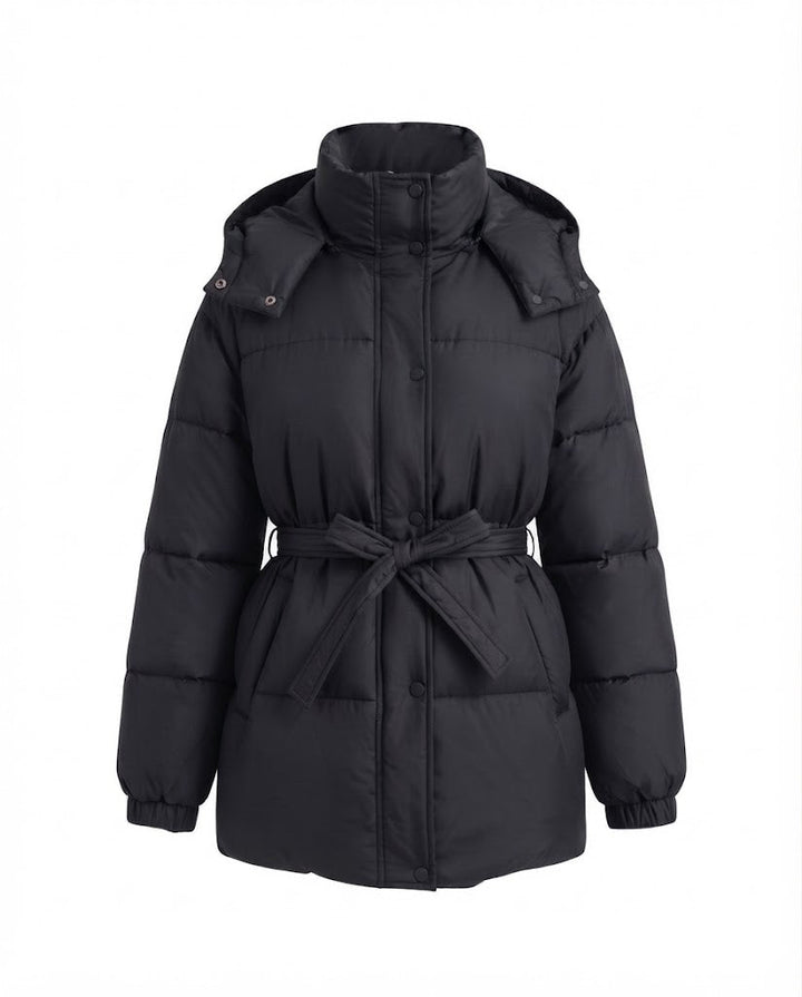 Women's mid-length quilted winter coat with tie belt, high stand-up collar and snap button placket