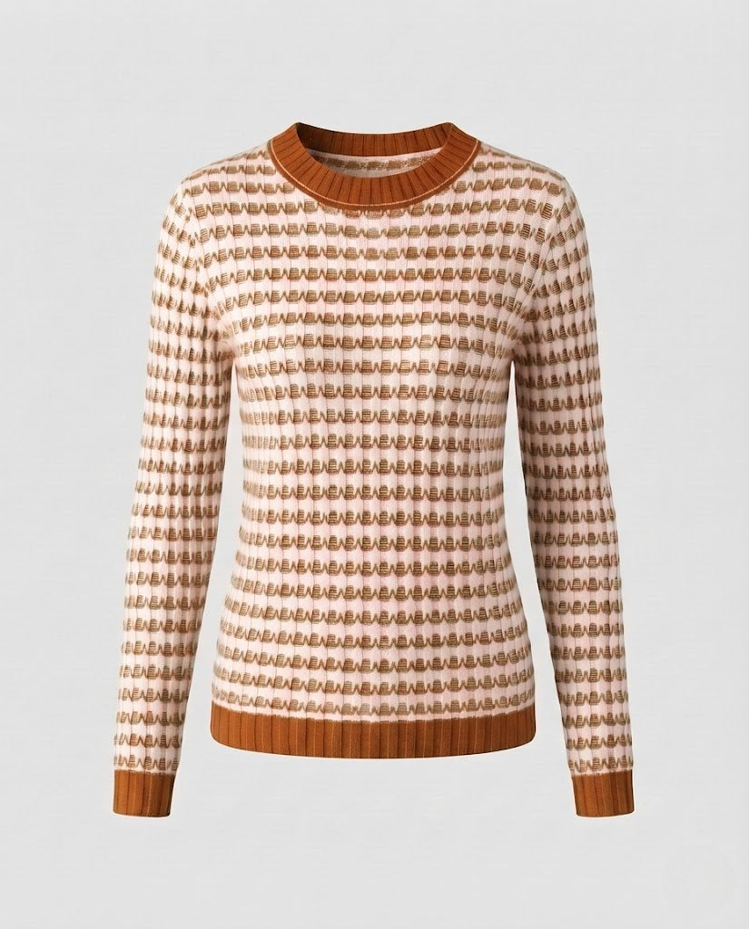 Ladies Fine Round Neck Sweater with Houndstooth Structure and Ribbed Cuffs Mune Fashion