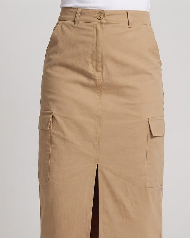 Women High-Waisted Cargo Midi Skirt with Front Slit and Patch Pockets Mune Fashion