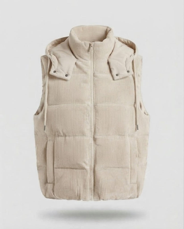Women's Sleeveless Cord Vest with Quilted Thermal Filling and Stand-up Collar Mune Fashion