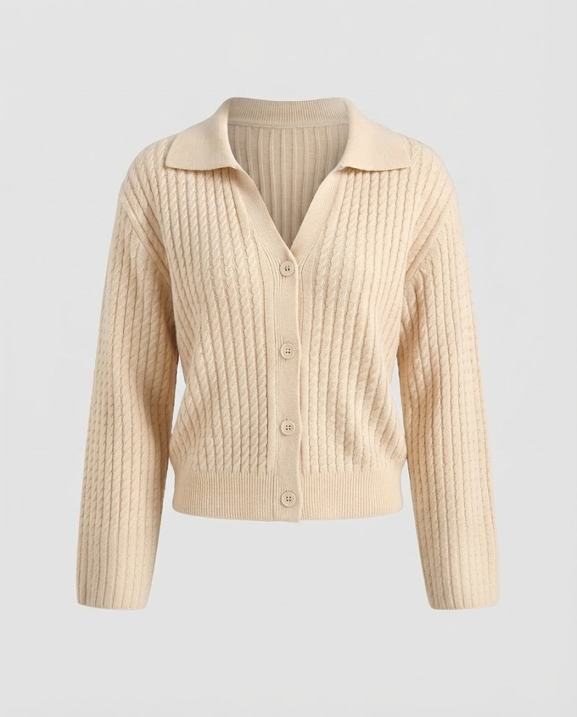 Ladies Cropped Cable Knit Cardigan with Shirt Collar and Balloon Sleeves Mune Fashion